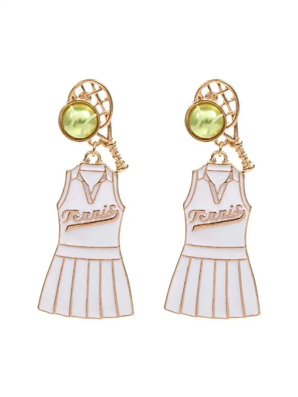Enamel Tennis Dress Drop Earrings with Tennis Ball & Racket Posts